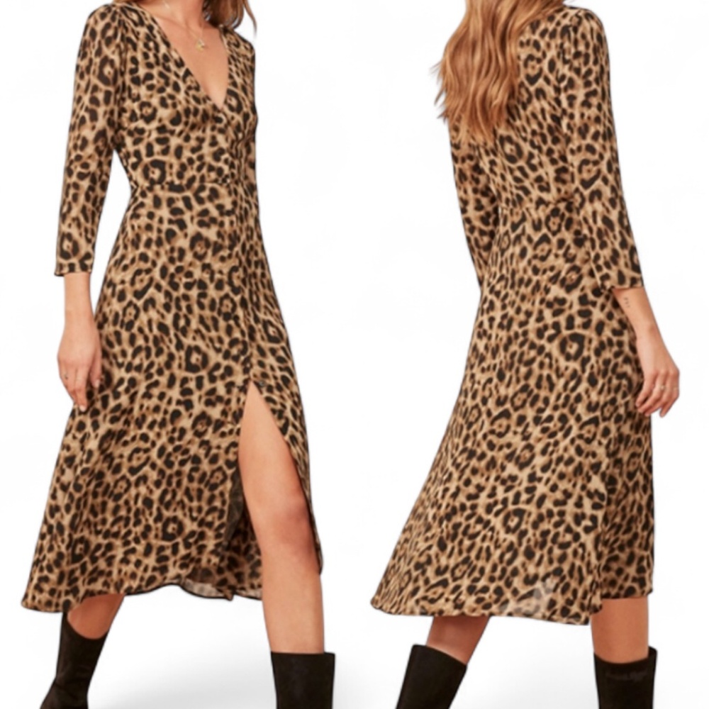 Reformation Leopard Print Midi Dress in Tan and Black